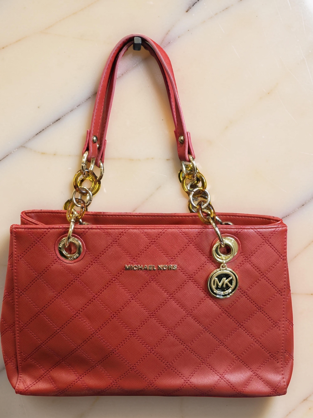 MICHAEL Michael Kors Cynthia Quilted Leather Tote Bag Coral Red